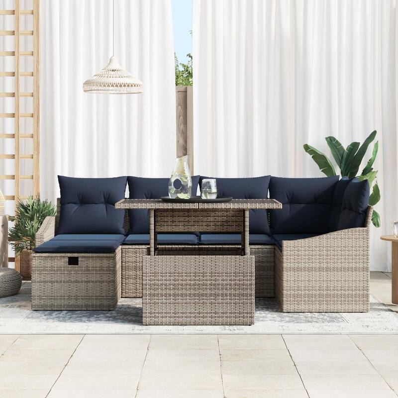 vidaXL 7 Garden Sofa Set with Cushions Black/Brown/Grey Poly Rattan - 91.1 x 48.6 x 27.2