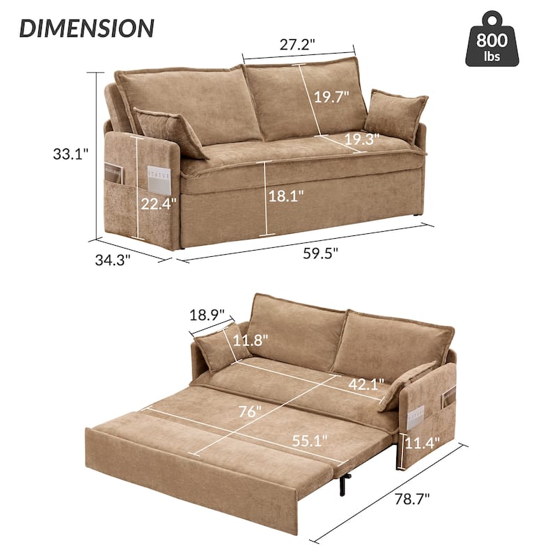 59.5" Corduroy Convertible Sofa Bed with Pull-Out Sleeper, USB/C-Type Charging Ports, and Side Storage