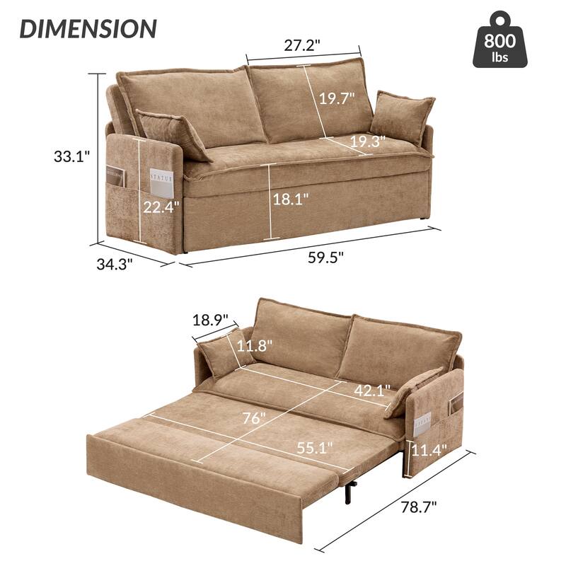 59.5" Ergonomic Sofa Bed with Storage & Charging - Supportive Chenille Convertible Sleeper, 800lb Capacity, Side Pockets