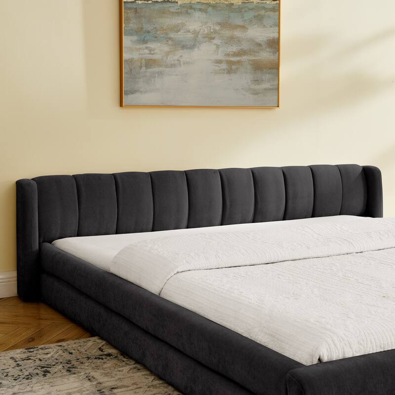 King Upholstered Bed Frame with Plush Chenille Fabric & Solid Headboard