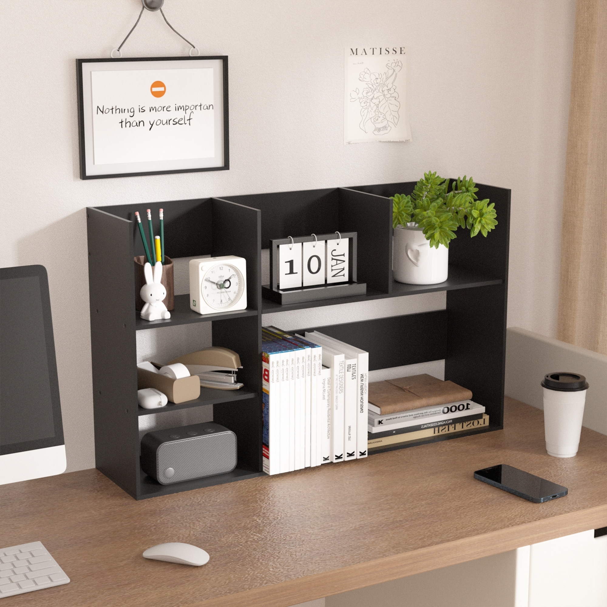 Desk Organizer Large Shelf Multi Compartments Units Wood Desktop Storage Organizer Black and Purple