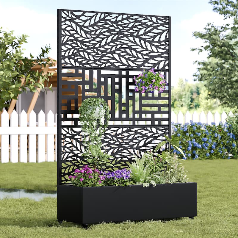 Metal Movable Planter Box with Trellis Privacy Screen Planter Box with Lockable Wheels