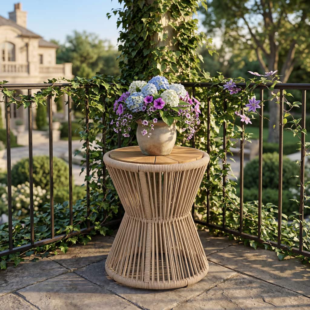 Christopher Knight Home - Modern 18.9" H Outdoor Acacia Wood and Woven Rope Side Table, Tapered Cylindrical Silhouettes Design