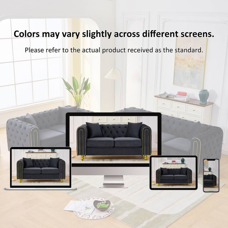 Roomfitters 63" Modern Upholstered Chesterfield Loveseat with Gold Trim, Button Back 2-Seater Couch for Small Spaces