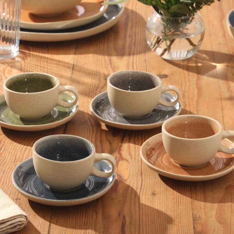 Gibson Elite Manila Bay 8-Piece Stoneware 5 oz Reactive Glaze Expresso & Coffee Cup and Saucer Set, Assorted Colors