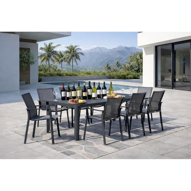 Alva Dark Grey 9-Piece Aluminum Outdoor Dining Set with Sling Set in Pewter - N/A