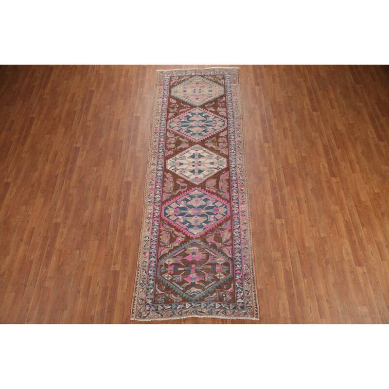 Hand Knotted Oriental 100% Wool Carpet Traditional Geometric Brown Heriz Runner Rug - 10' 11'' X 3' 9''