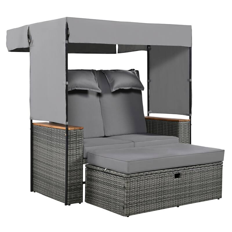 2-Piece Outdoor Patio Rattan Canopy Daybed Sunbed with 5 Positions Adjustable Backrest and Storage Bench