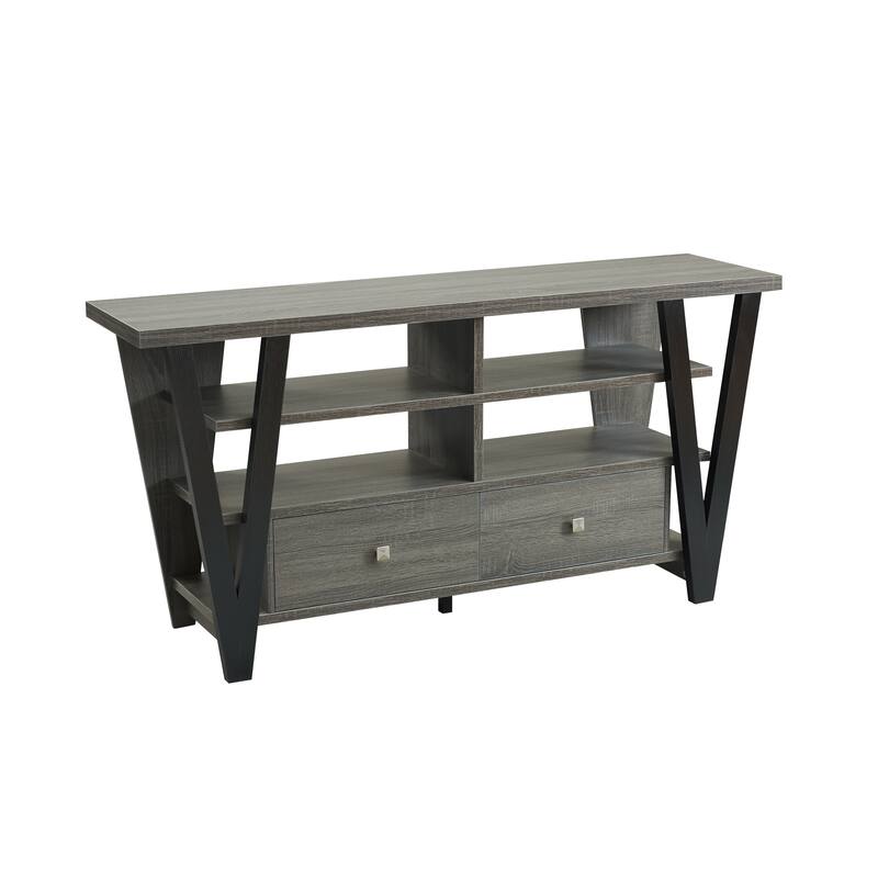 TV Stand Cabinet with curved legs one drawers on metal glides metal square handle modern design divided shelf two cubbies