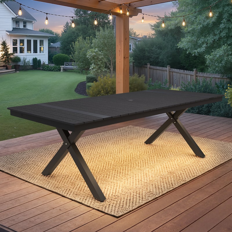 Outdoor Patio Dining Table with LED Light Strip Aluminum Rectangular X-Shaped with Umbrella Hole - Black