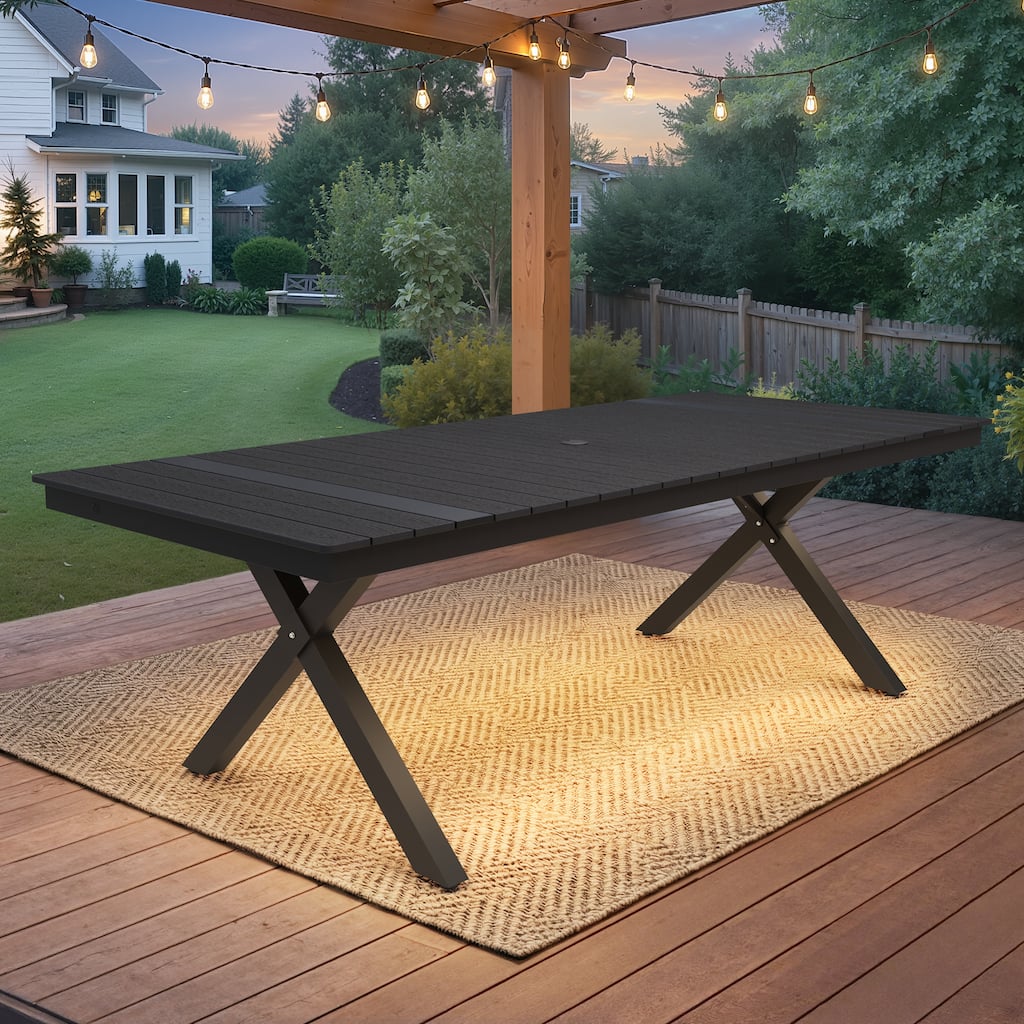 Outdoor Patio Dining Table with LED Light Strip Aluminum Rectangular X-Shaped with Umbrella Hole