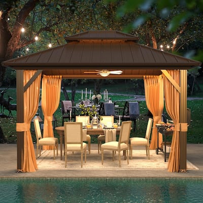 EROMMY 10x12 Outdoor Hardtop Gazebo w Galvanized Steel Double Roof and Aluminum Frame, with Curtains and Nettings