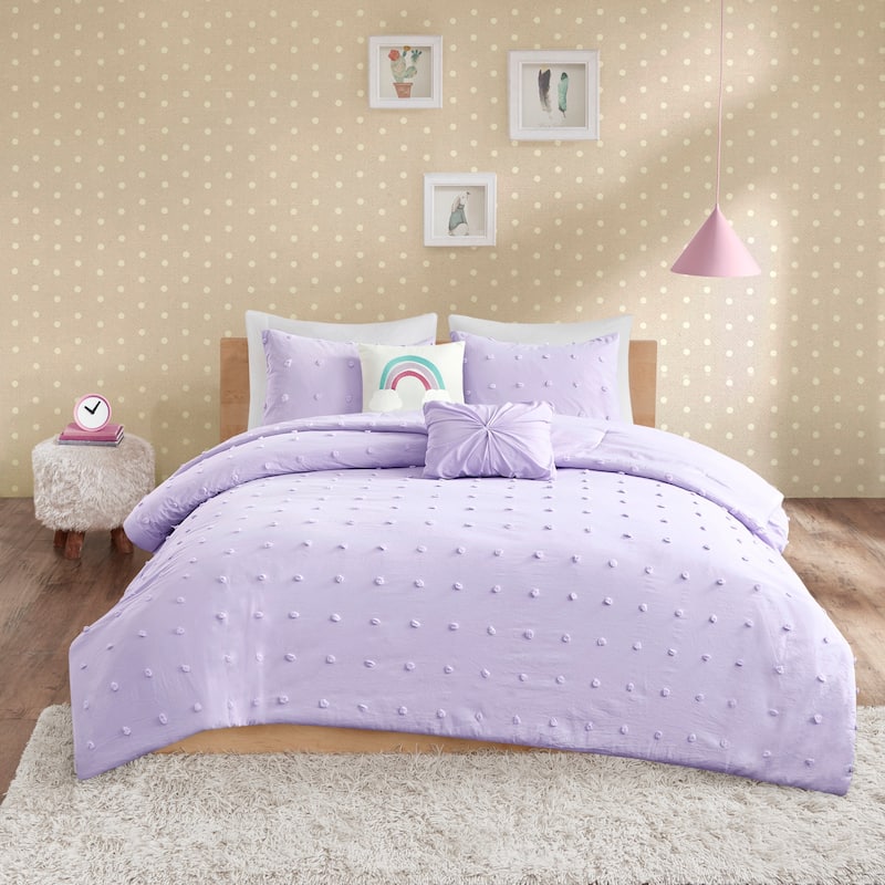 Ensley Cotton Jacquard Pom Pom Comforter Set by Intelligent Design Kids - Lavender - Full - Queen