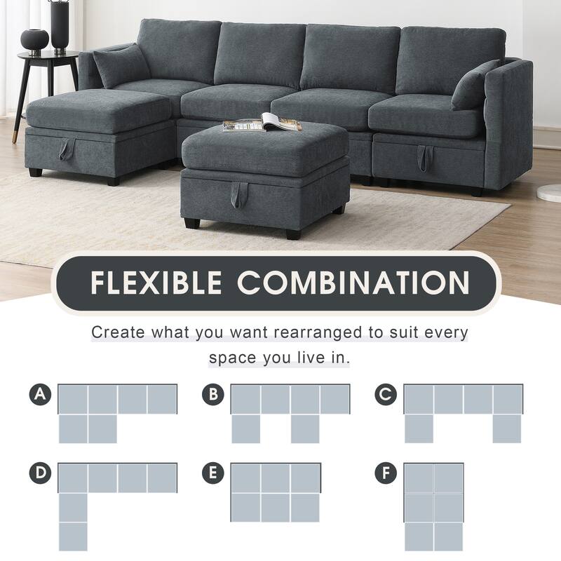 Chenille Modular Sectional Sofa with Adjustable Backrests, Living Room