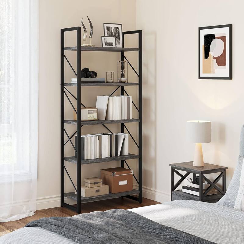 Moasis Industrial 62" Tall 5-Tier Bookshelf Open Shelf Bookcase for Living Room - Grey/Black