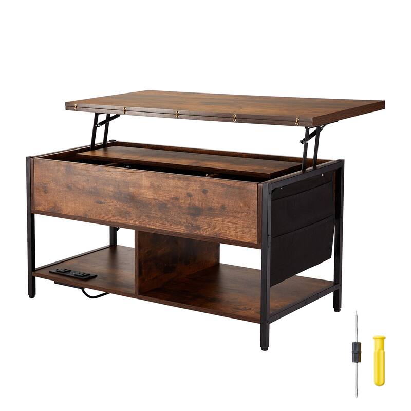 Lift Top Coffee Table, Rectangle Coffee Table with Extra Storage Pockets, Pop Up Coffee Table for Living Room - 39.4 in, three modes - Brown