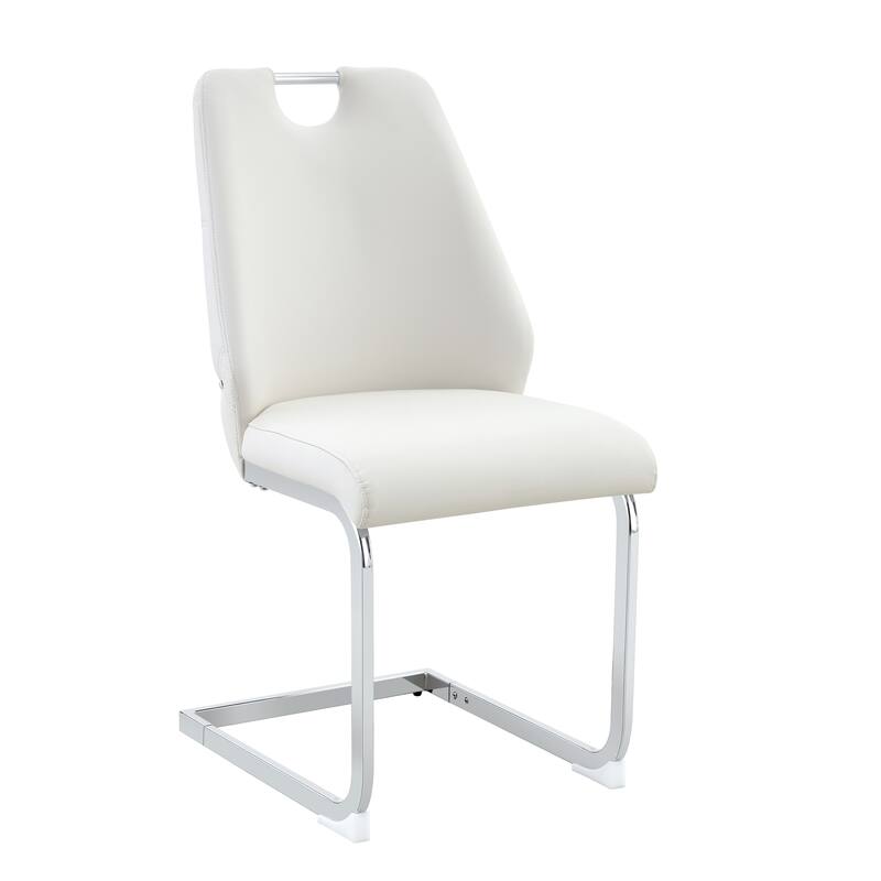 Dining Chairs Set of 2, Faux Leather Kitchen Chairs with Gold Mesh Texture, Silver Back Ring and Chrome Pull Handle