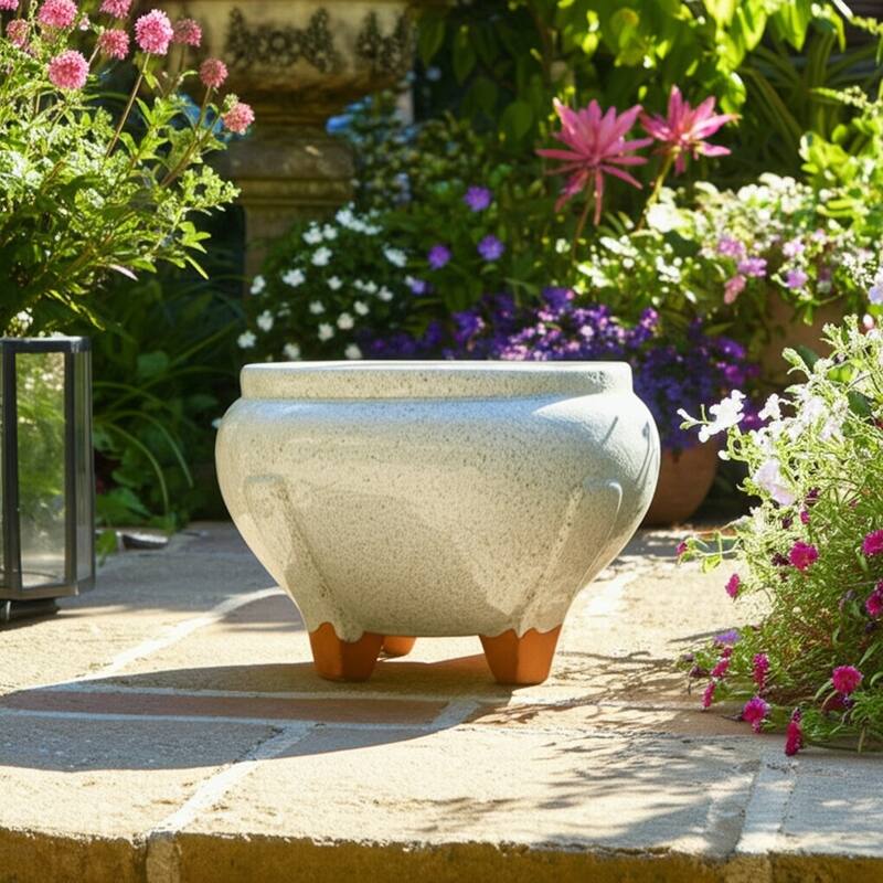 Terracotta Planter Crackled Glaze Round Footed Design - 6" White - 10" x 10" x 6"