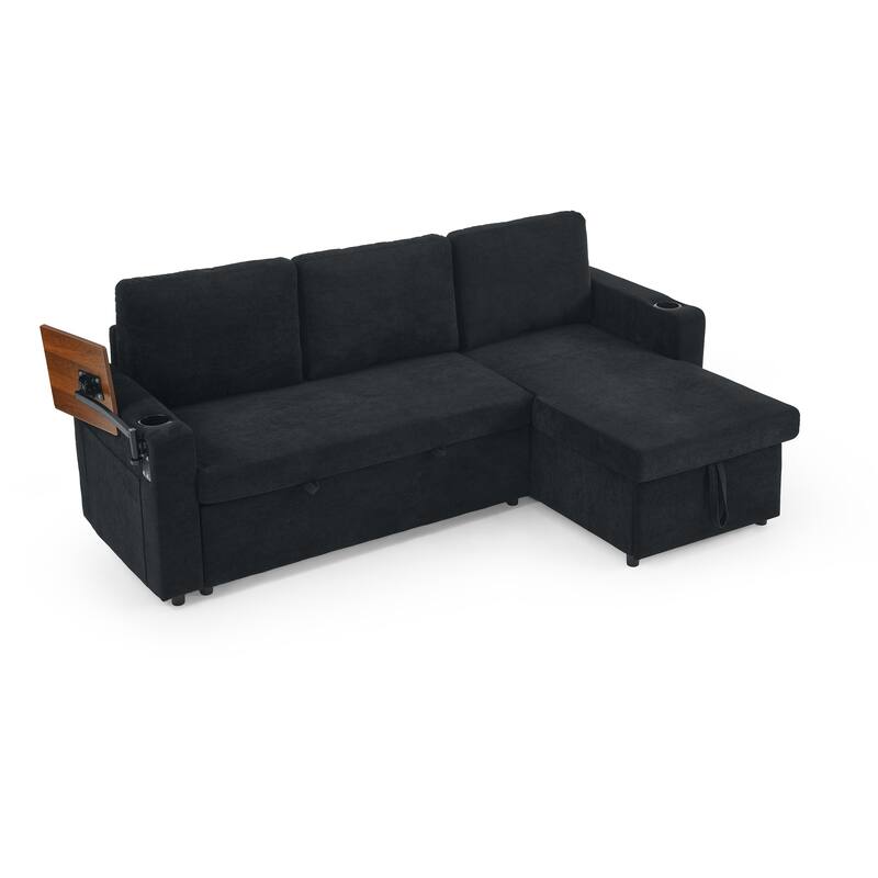 Roomfitters Modern Chenille Pull-Out Bed Sofa with Retractable Table, LED Lighting, USB Ports and Cup Holders