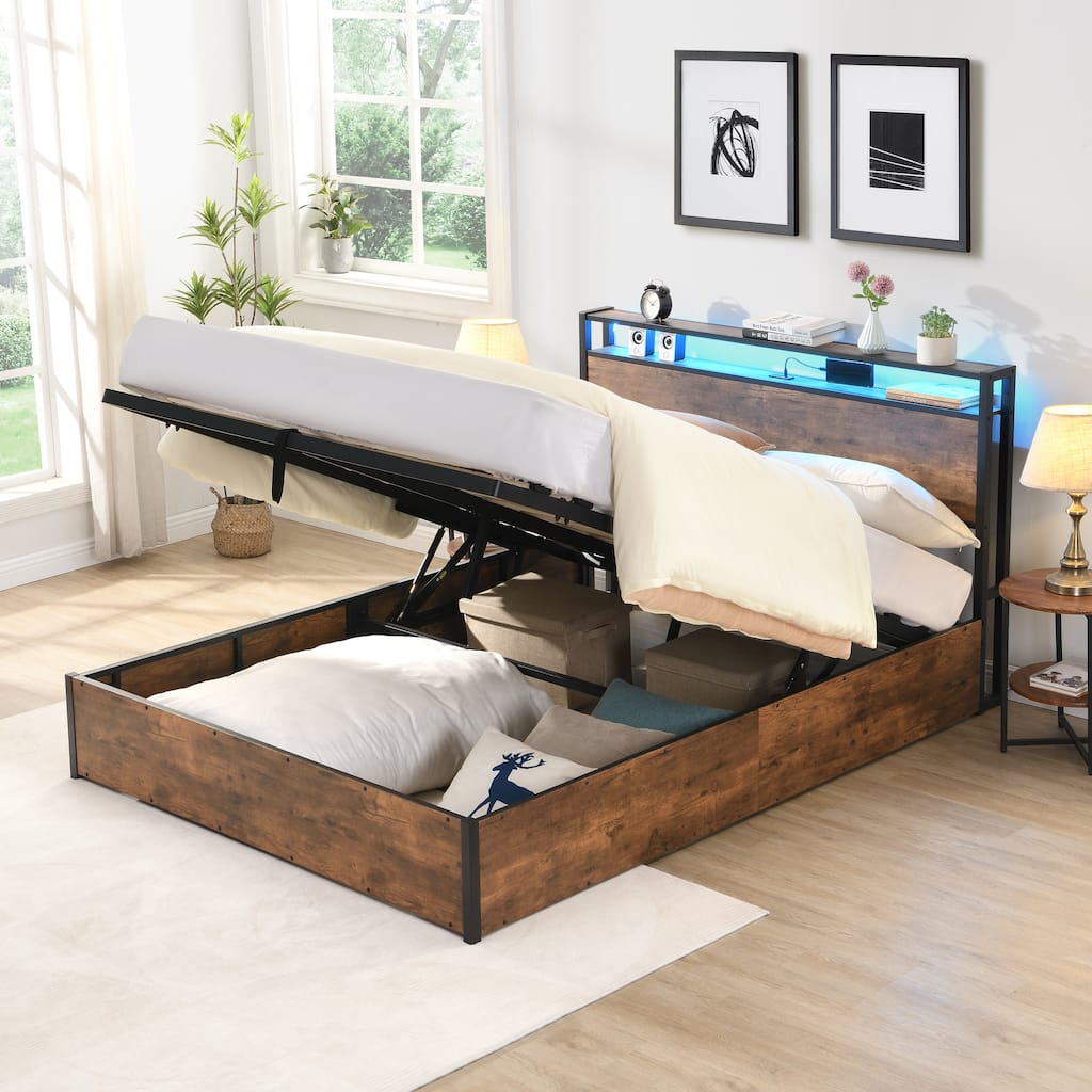 Queen Storage Bed with Lift-Up Platform, LED Headboard with USB & Type-C Ports, Rustic Wood Frame with Bookcase Shelf