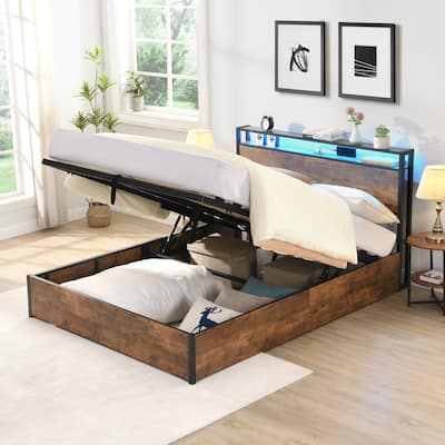 Sturdy Full Size Lift-up Storage Bed Frame w/ Bookcase Headboard & LED Lights Wooden Platform Bed w/ Charging Station