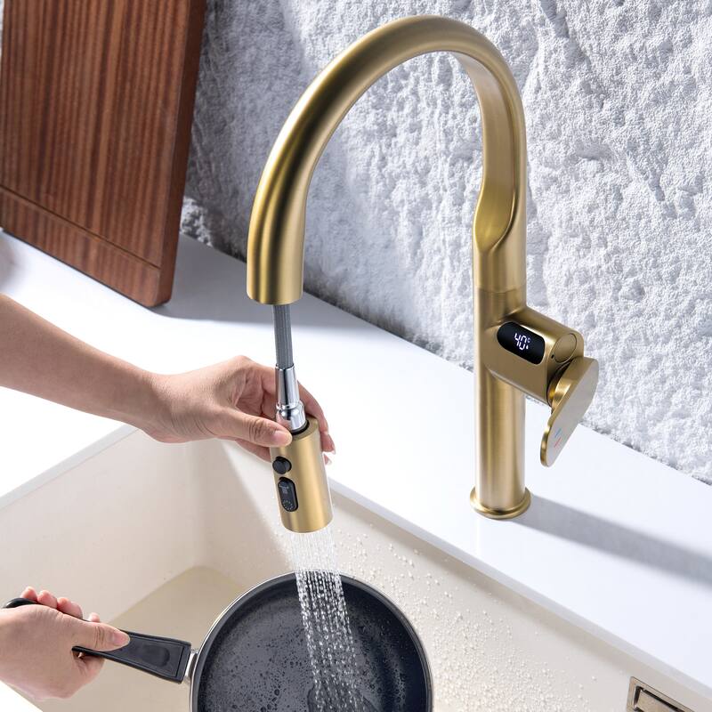 Kitchen Sink Faucet with Pull Down Sprayer, 18.46"H Commercial Kitchen Faucet for Sink, Solid Brass Digital Display