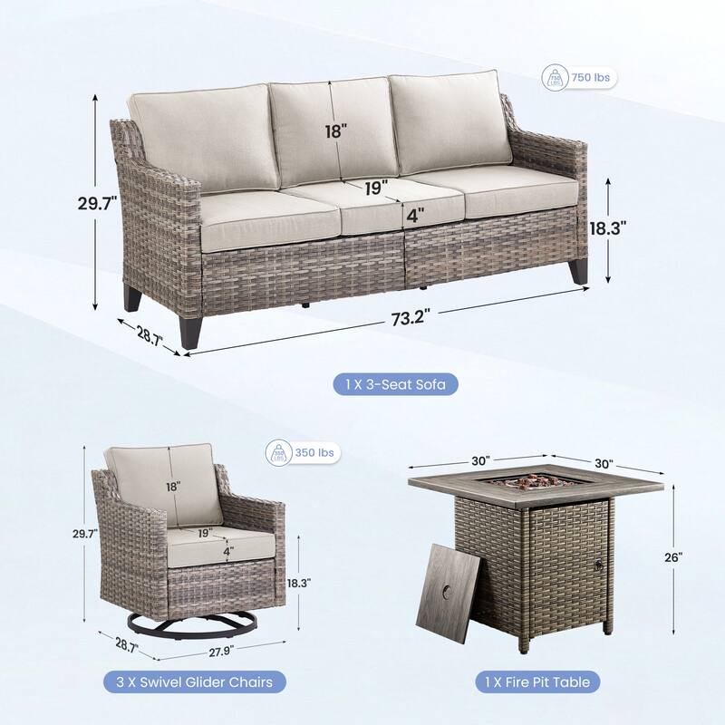 Pocassy Outdoor Swivel Chair with Sofa with Fire Pit Table
