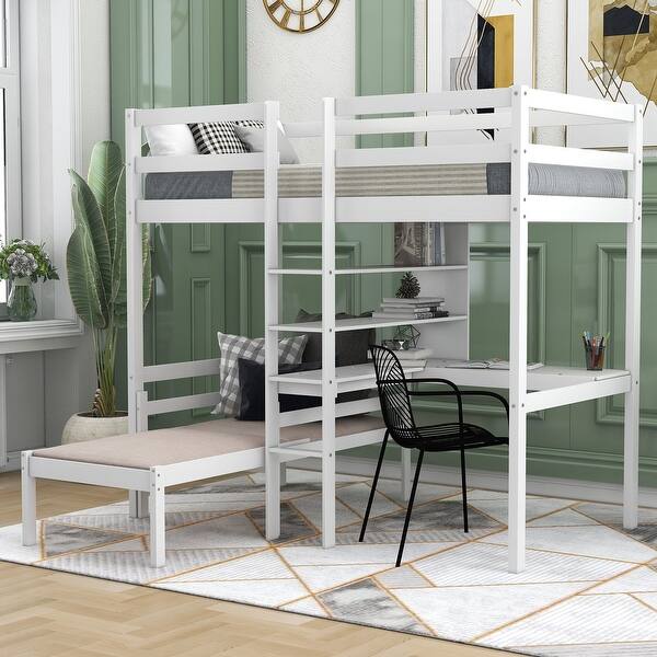 slide 2 of 14, Twin Pine Convertible Loft Bed with L-Shaped Desk, Shelves, Ladder, and Bunk White