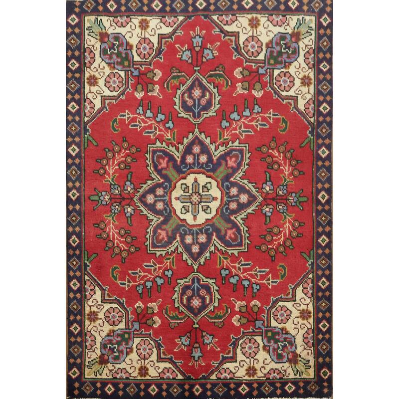 Hand Knotted Oriental 100% Wool Carpet Traditional Geometric Red Tabriz Area Rug - 4' 9'' X 3' 2''