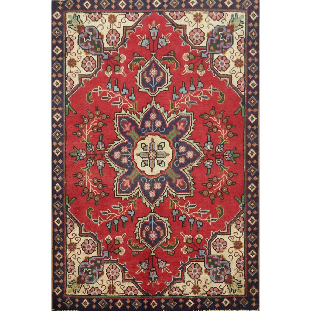 Hand Knotted Oriental 100% Wool Carpet Traditional Geometric Red Tabriz Area Rug - 4' 9'' X 3' 2''