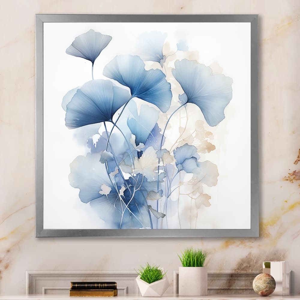 Designart "Delicate Blue Ginko Leaves On White Watercolor" Leaves Framed Wall Art Living Room