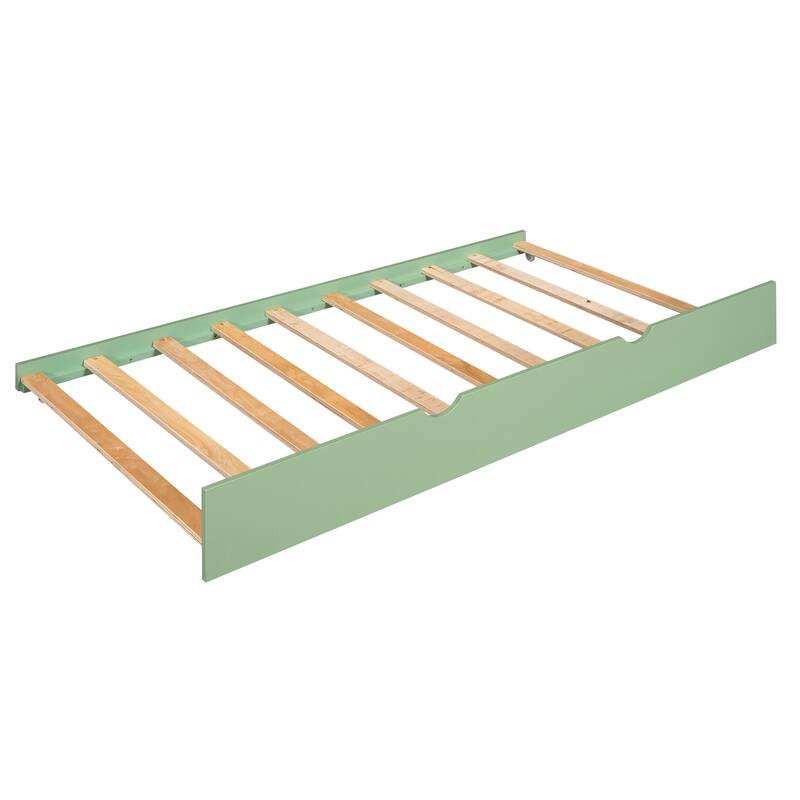 White+Green Twin Over Twin Pine House Bunk Bed with Trundle, Slide, and Windows