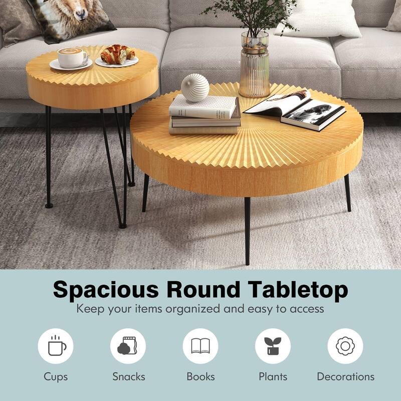 Costway Farmhouse Round Coffee Table Set of 2 End Table Natural Finish - See Details