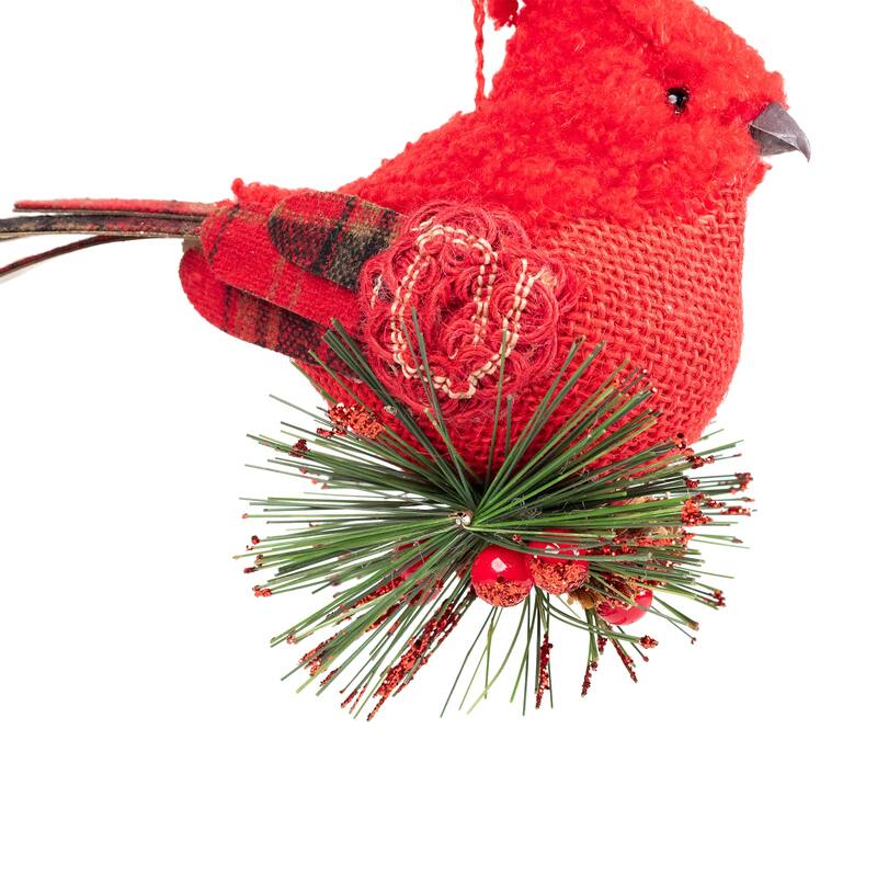 13" Red and Green Plaid Cardinal on Holly Berries Christmas Ornament