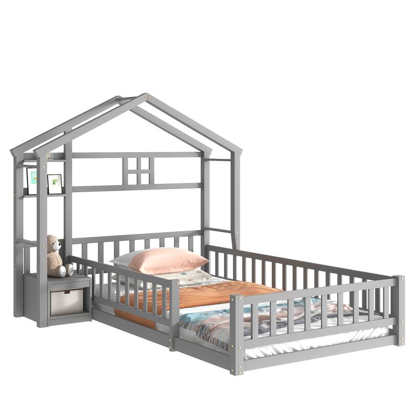 House-Style Headboard Floor Bed with Fence Guardrails