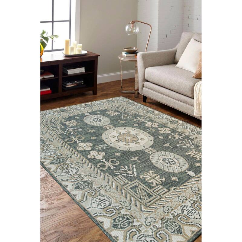 Home Décor Green Hand-Knotted Wool Khotan Rug by EORC | Luxurious Area Rug for Adding Timeless Elegance