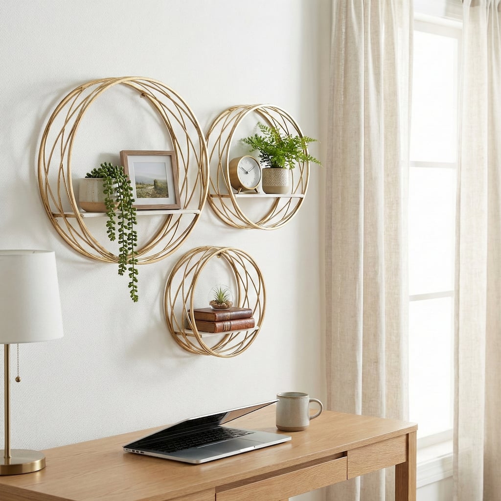 Metal Round Wire Frame Wall Shelf Set - White/Gold, 16/20/24" - 24.0"