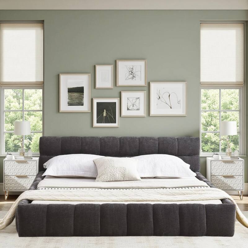 3-Pieces Bedroom Sets Upholstered Bed Frame with Thick Fabric,Solid Frame,2Nightstands with 2 Drawers,Gold Legs & Handles - DARK GREYAnd ncient White