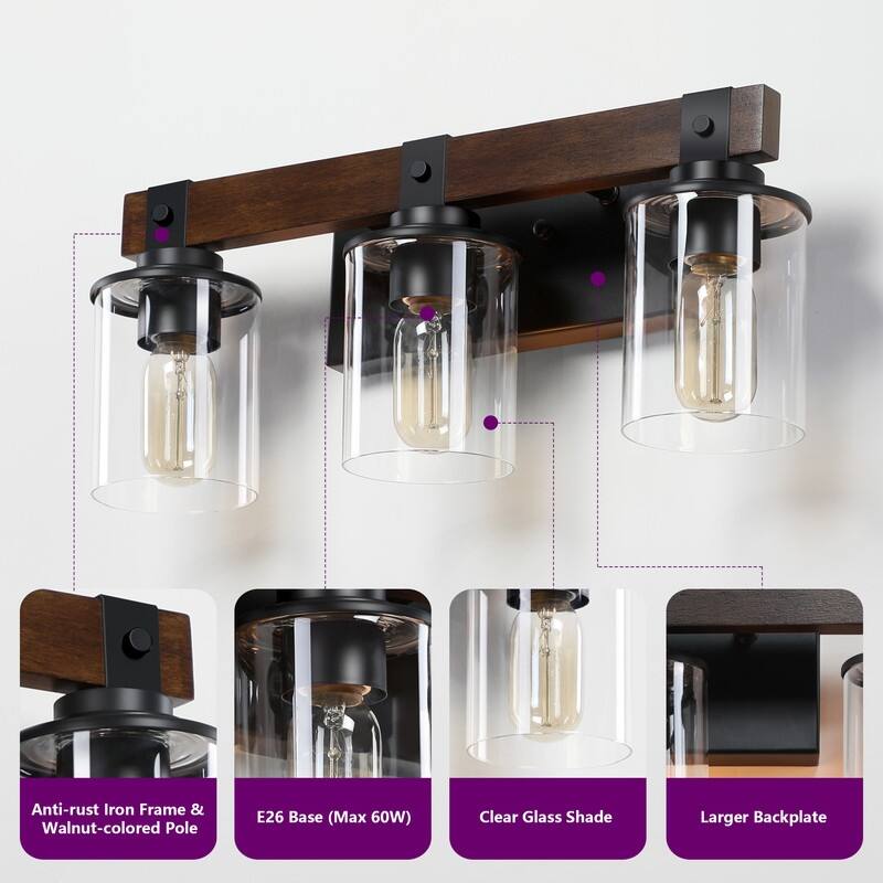 Vanity Light, Industrial Bathroom Wall Sconce with Glass Shades and Wood Accent, Modern Farmhouse Lighting Fixture (No Bulbs)