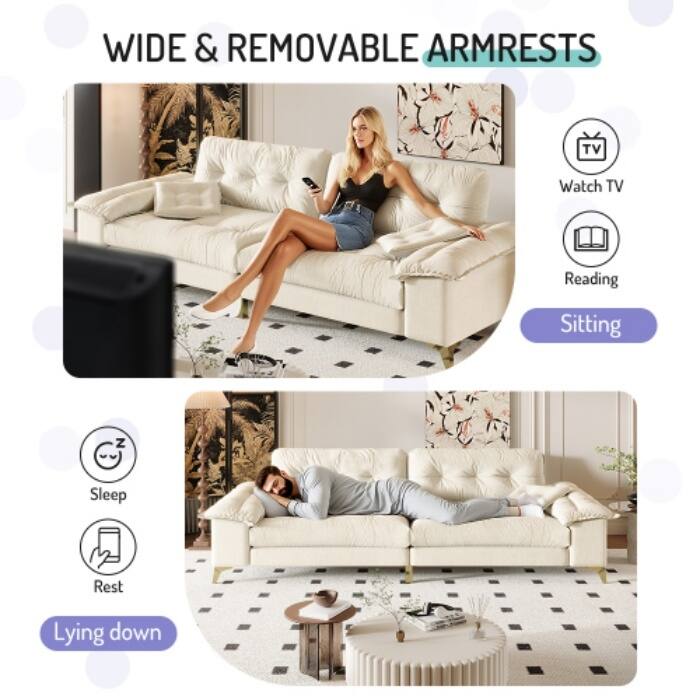 104.7" Modern Cloud Sofa, 4-Seat Chenille Upholstered Couch with Wide Removable Armrests and 2 Pillows