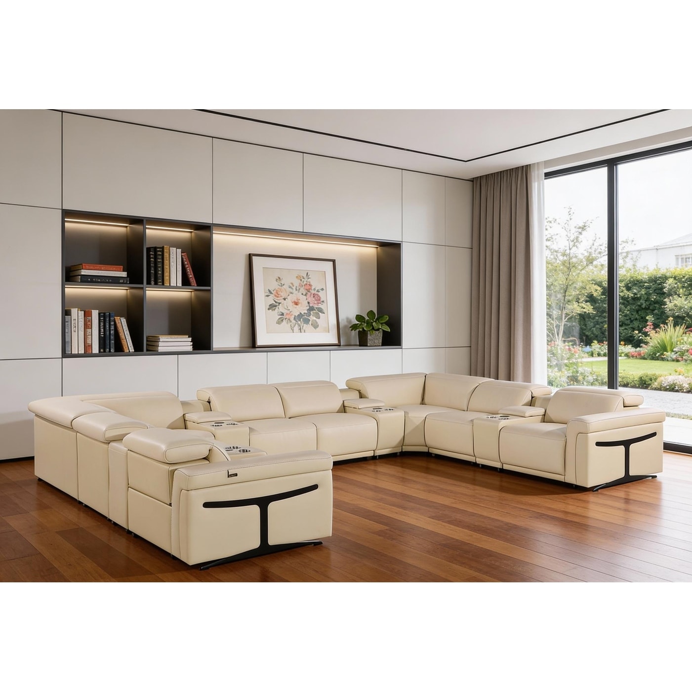 HomeRoots Beige Italian Leather Power Reclining U Shaped Twelve Piece Sectional With Console