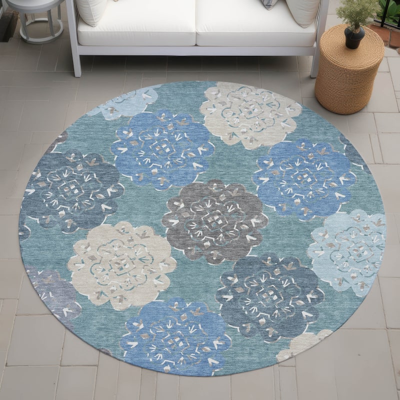 Machine Washable Indoor/ Outdoor Global Motif Chantille Rug - Teal - 8' x 8'