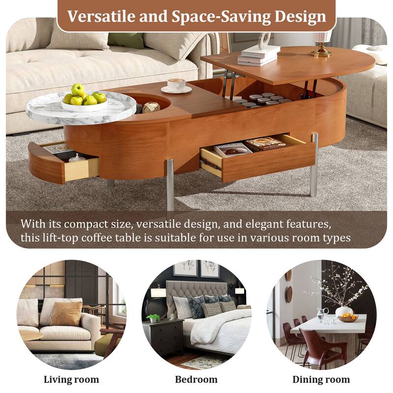 47" MDF Hydraulic Lift-Top Coffee Table - 5 Hidden Storage Compartments & Rotating Tray