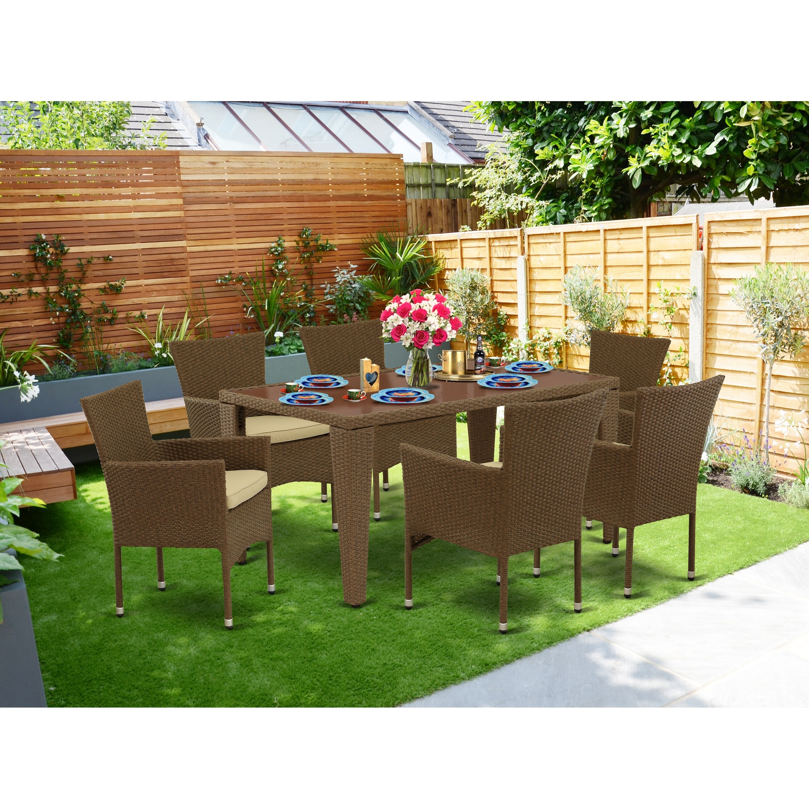 Shop Rectangle Medium Patio Table And Outdoor Chairs With Brown Color Pe Wicker Number Of Chairs Option Overstock 30574807