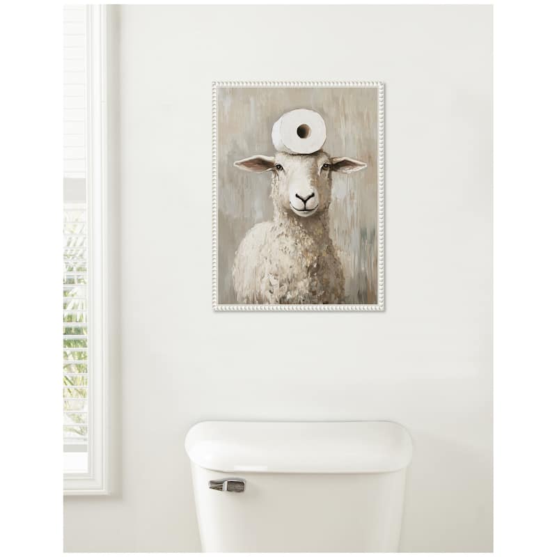 Kate and Laurel Sylvie Toilet Paper Roll on Cute Sheeps Head Bathroom Art Framed Canvas by The Creative Bunch Studio