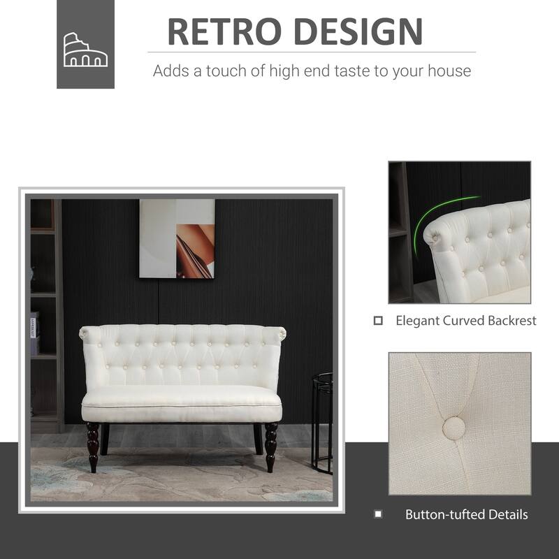 Cream White Linen Upholstered Loveseat Sofa with Curved Backrest and Button Tufted Design - 47.25" W x 26.5" D x 30.75" H
