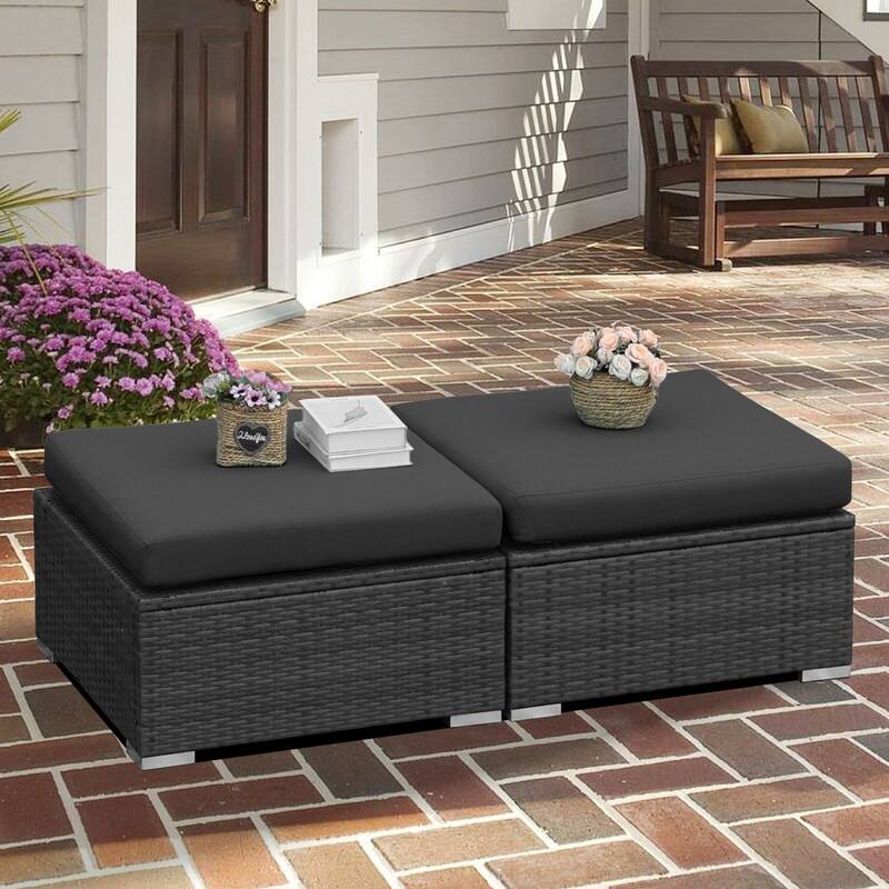 Outdoor Wicker Rattan Ottomans with Soft Cushions (Set of 2)