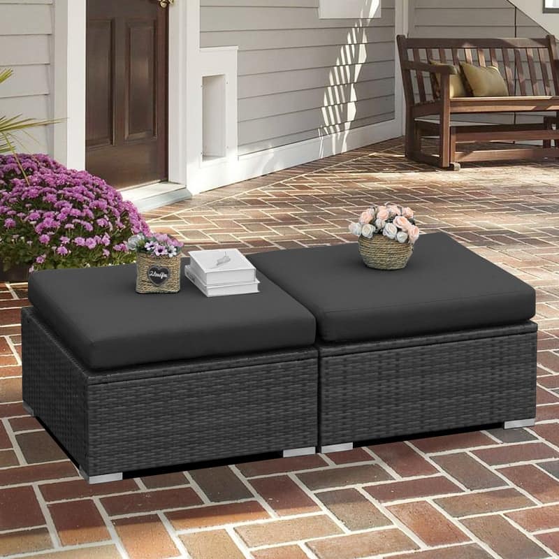 Outdoor Wicker Rattan Ottomans with Soft Cushions (Set of 2)