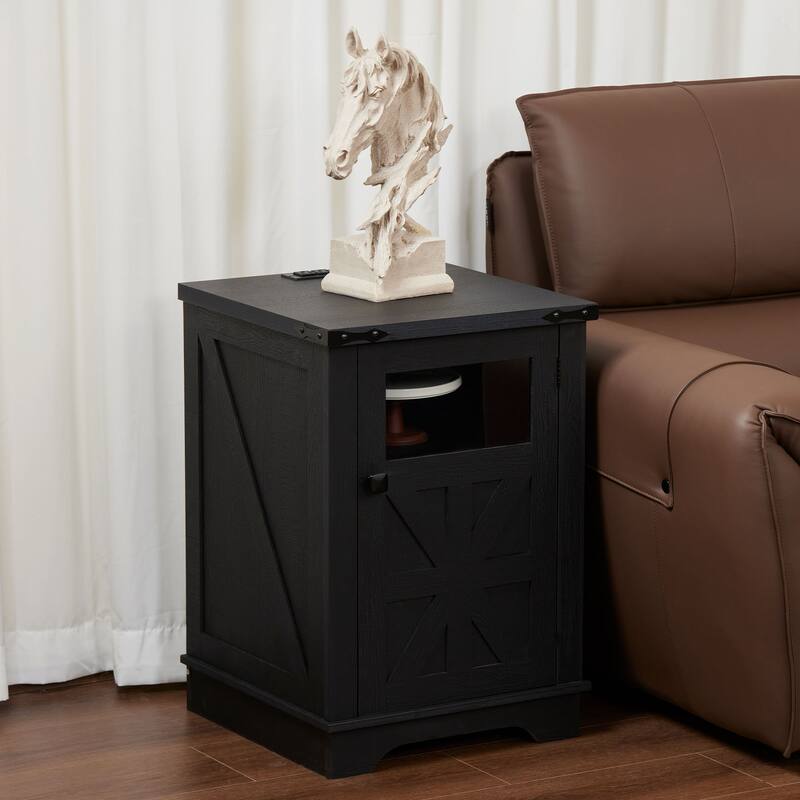 Farmhouse 18' Rustic Nightstand Wooden End Table with Charging, Barn Door, Adjustable Shelf and 3-Tier Storage