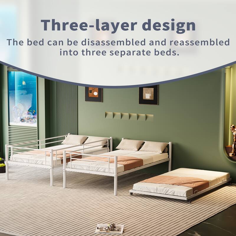 Twin Over Twin Metal Bunk Bed with Trundle, Convertible 2-in-1 Design, Non-Slip Ladder and Safety Rails